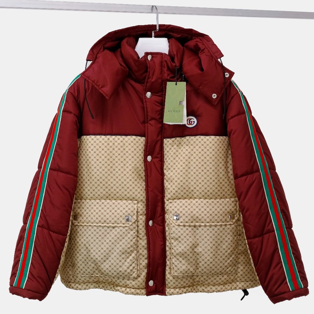Gucci 2021 GG Parachute Burgundy and Beige Padded Jacket